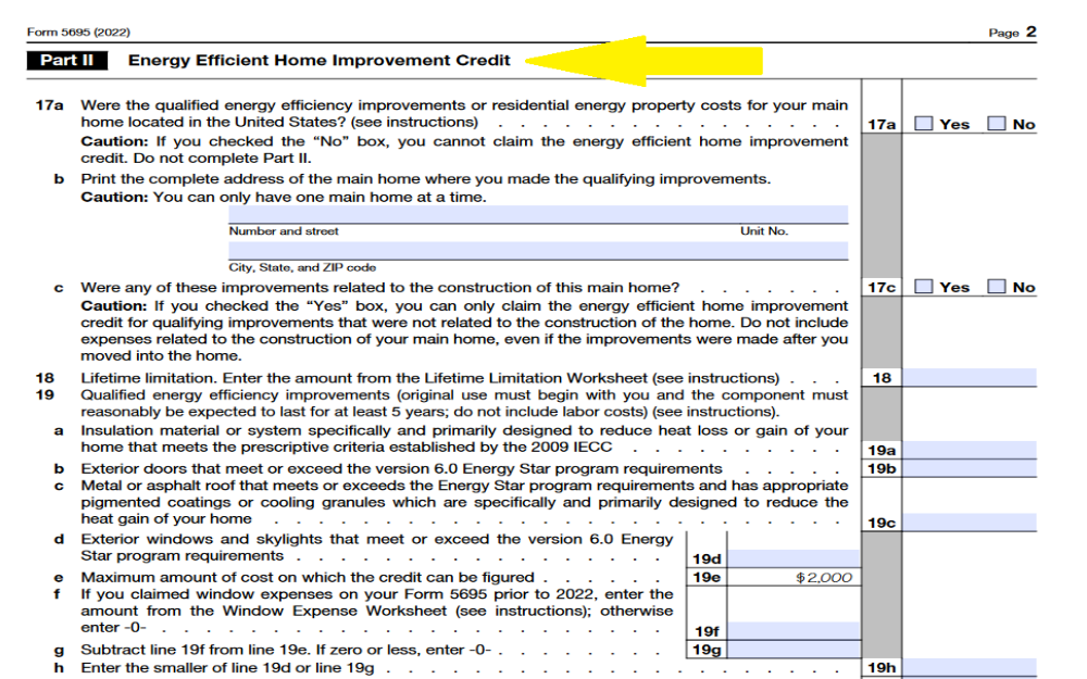 IRS Form 5695, featuring an arrow directing attention to the Part 2: Energy Efficient Home Improvement Credit section.